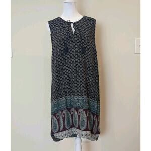 Beach Lunch Lounge Shift Dress Womens XL Blue Paisley Tassled Neck Boho Vacation